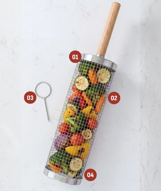 Rolling grill basket with detachable wooden handle and opening hook