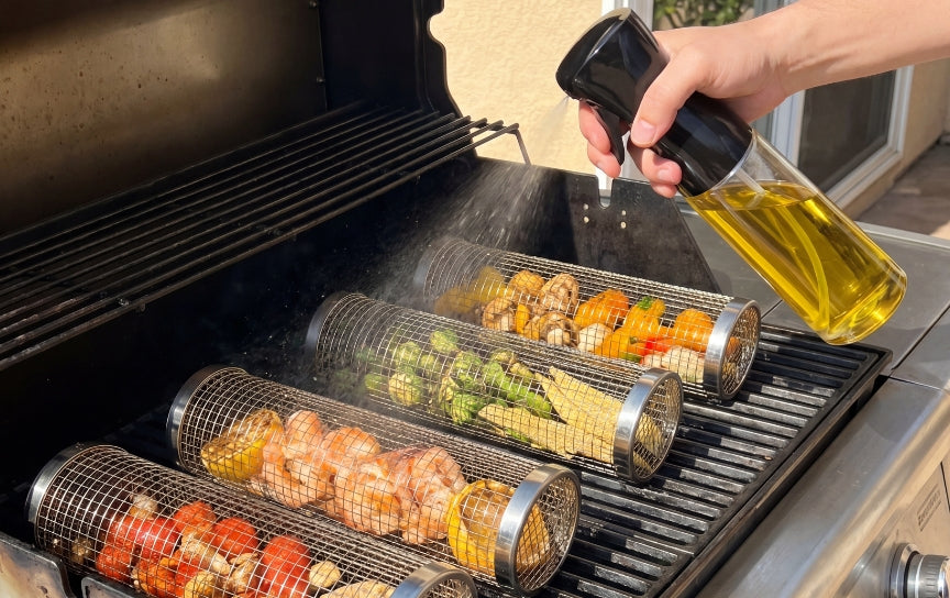 Grill basket cooking on BBQ