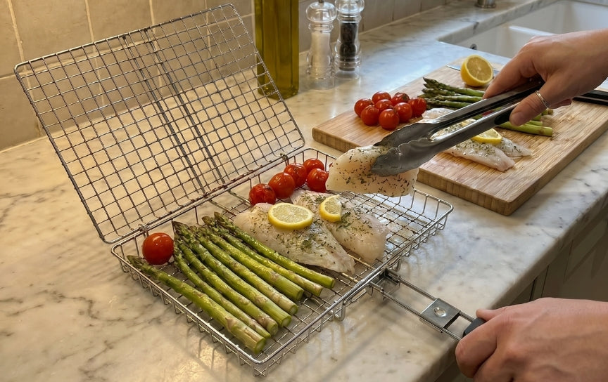 Loading the grill basket with fresh ingredients