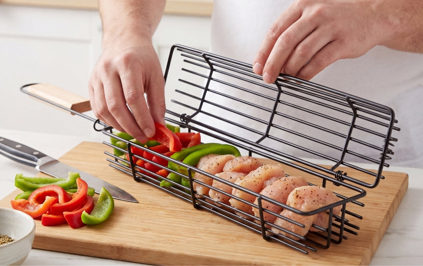 Loading the grill basket with fresh ingredients
