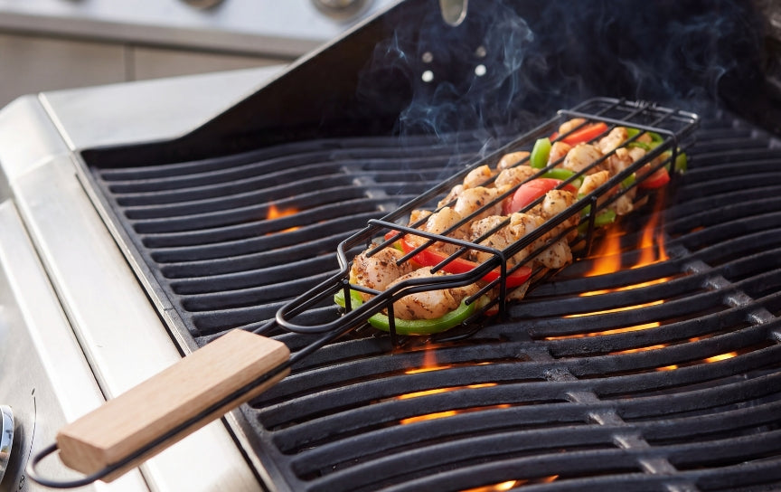 Placing the grill basket on the grill