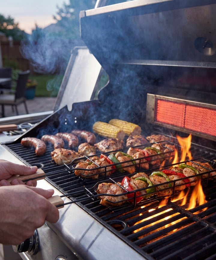 Grill basket cooking on BBQ