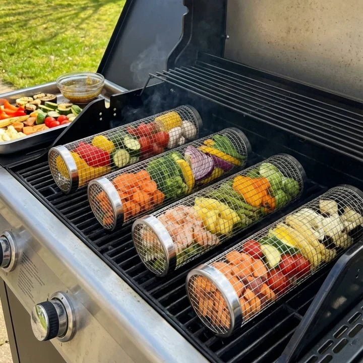 Grill basket cooking on BBQ
