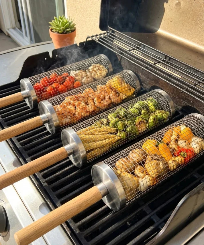 Grill basket cooking on BBQ